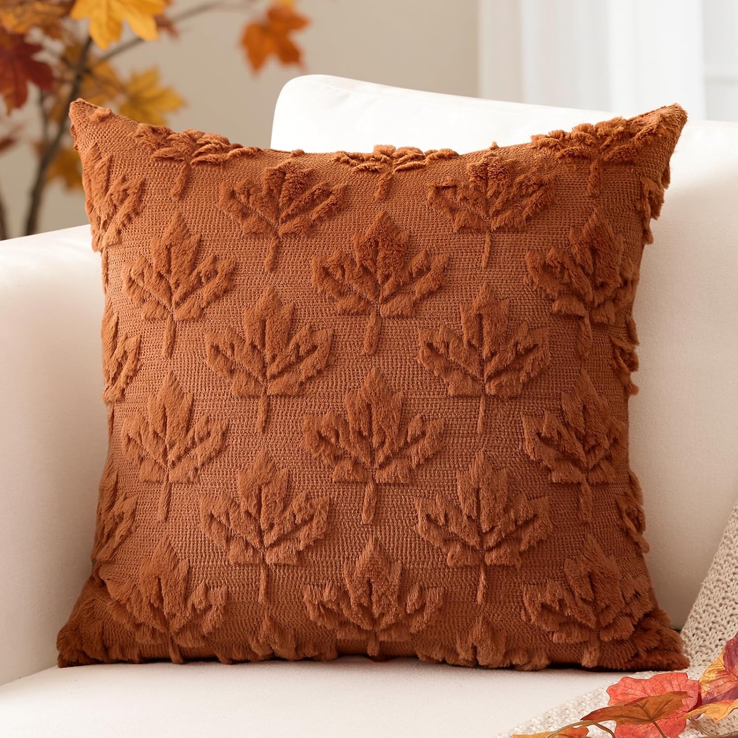 Artscope Maple Leaf Fall Pillow Covers 20 x 20 Set of 2 Decorative Autumn Harvest Holiday Throw Pillow Cases Soft Plush Faux Fur Couch Cushion Case for Farmhouse Sofa Bed Room Home Decor-Rust