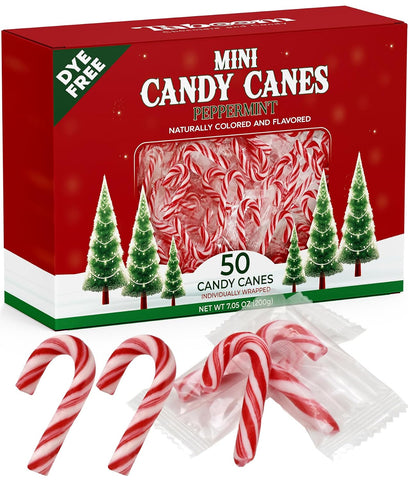 Mini Candy Cane Individually Wrapped 50 Pack - Dye-Free Small Peppermint Candy Canes Red & White Christmas Candy For Holiday Gifts, Stocking Fillers, Party Favors & Decorations