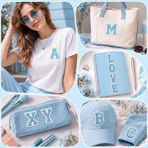 Jongdari Iron on Letters, 52 Pcs Alphabet Patches with Ironed Adhesive, Decorate Repair Patches for Shirts Jackets Hats Jeans Shoes Bags(Sky Blue)
