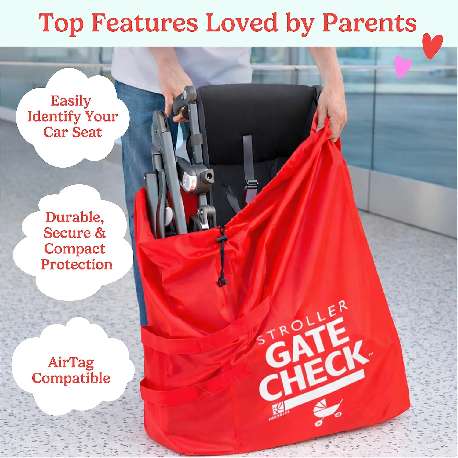J.L. Childress Gate Check Travel Bag for Single & Double Strollers, Red