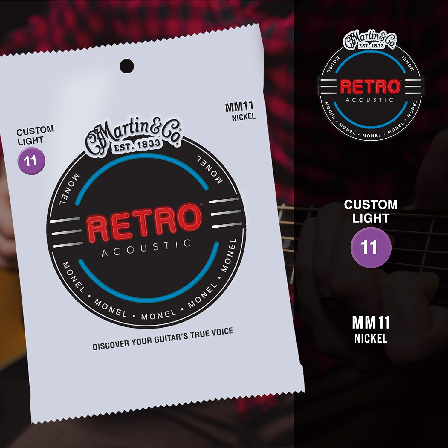 Martin Retro® Acoustic Guitar Strings – Monel, Custom Light Gauge | Warm, Natural Tone with Long Life