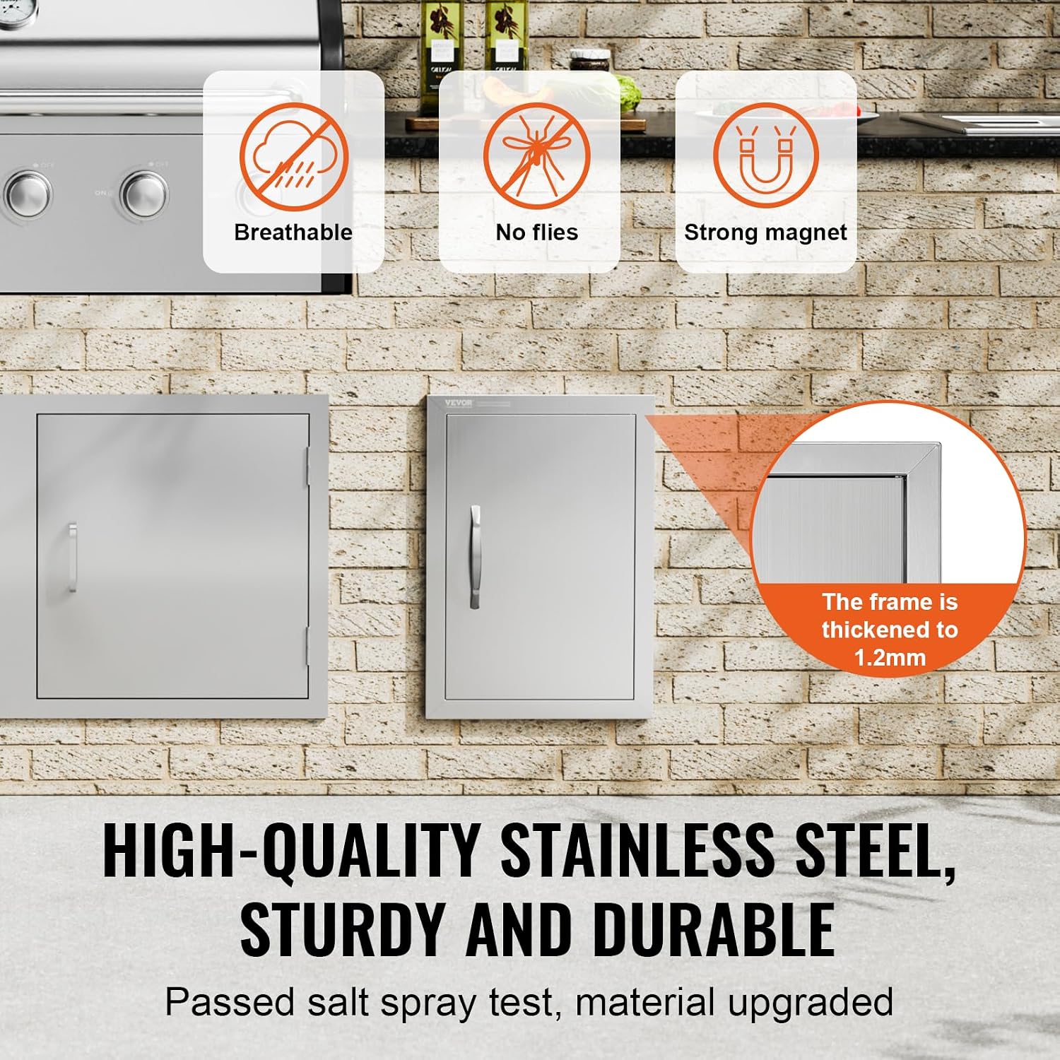 VEVOR Outdoor BBQ Kitchen Door - 14W x 20H Inch Stainless Steel Flush Mount Vertical Wall Door with Handle for Island, Grilling Station