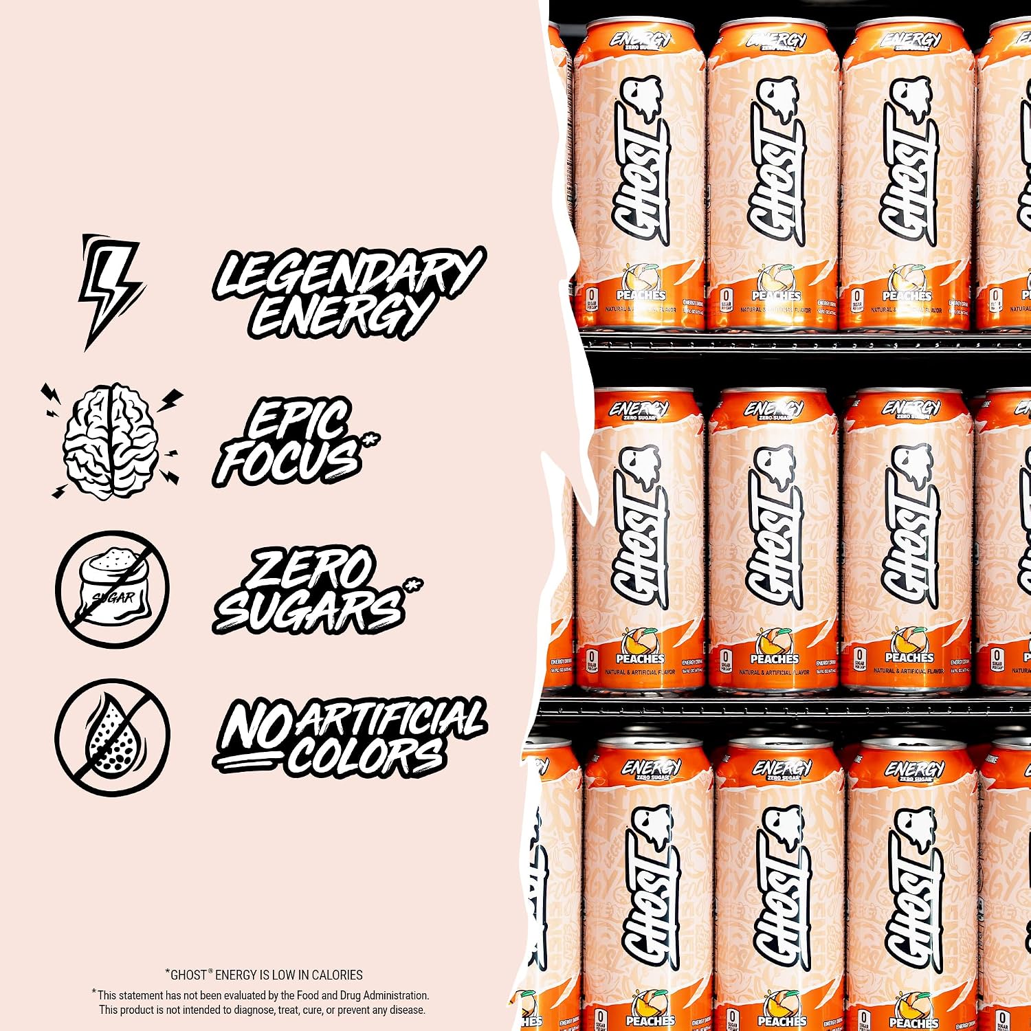 GHOST Energy Drink, Zero Sugars, 12-Pack, Peaches - 200MG Caffeine, 16oz