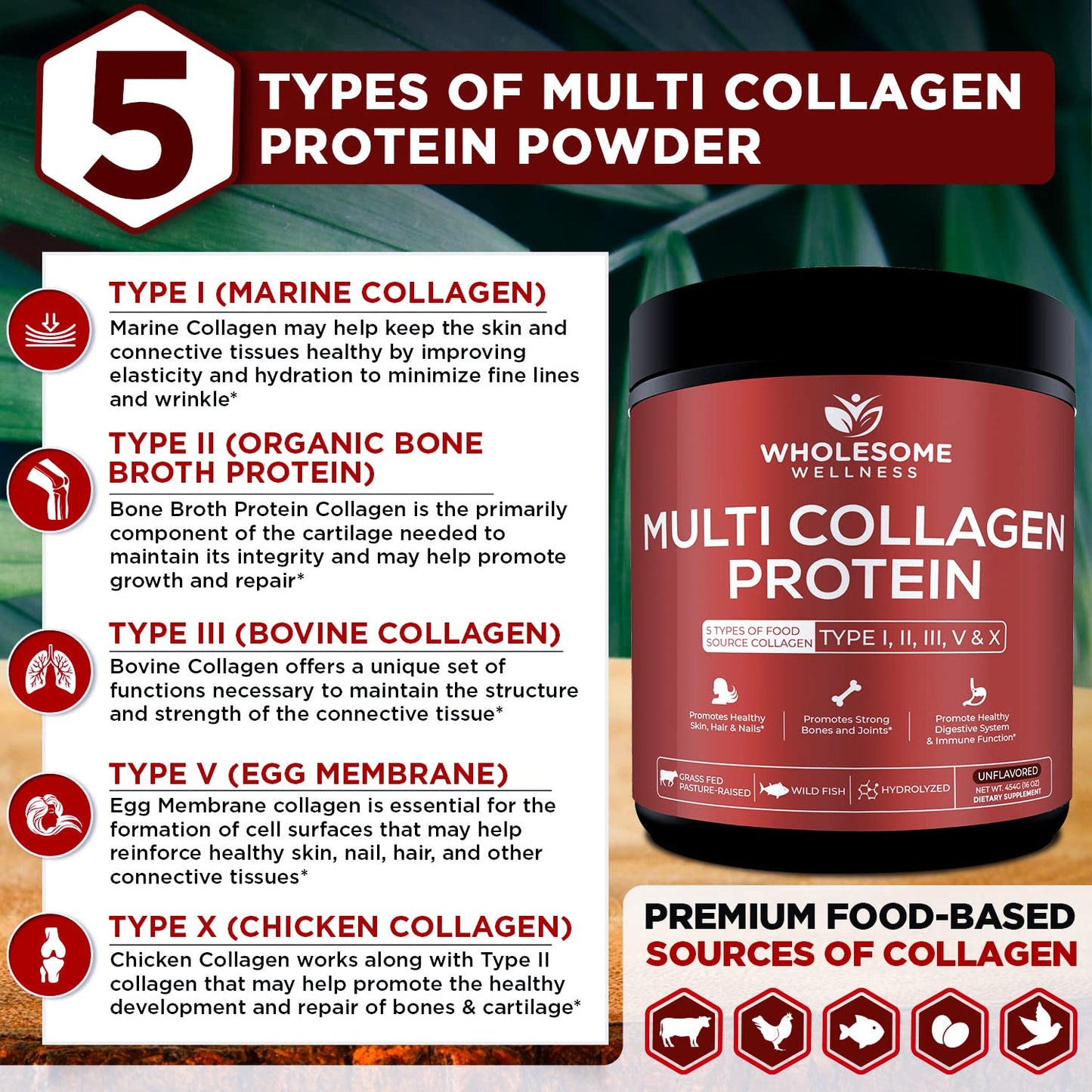 Multi Collagen Protein Powder Hydrolyzed (Type I II III V X) Grass-Fed All-in-One Super Bone Broth + Collagen Peptides - Premium Blend of Grass-Fed Beef, Chicken, Wild Fish, Eggshell Collagen