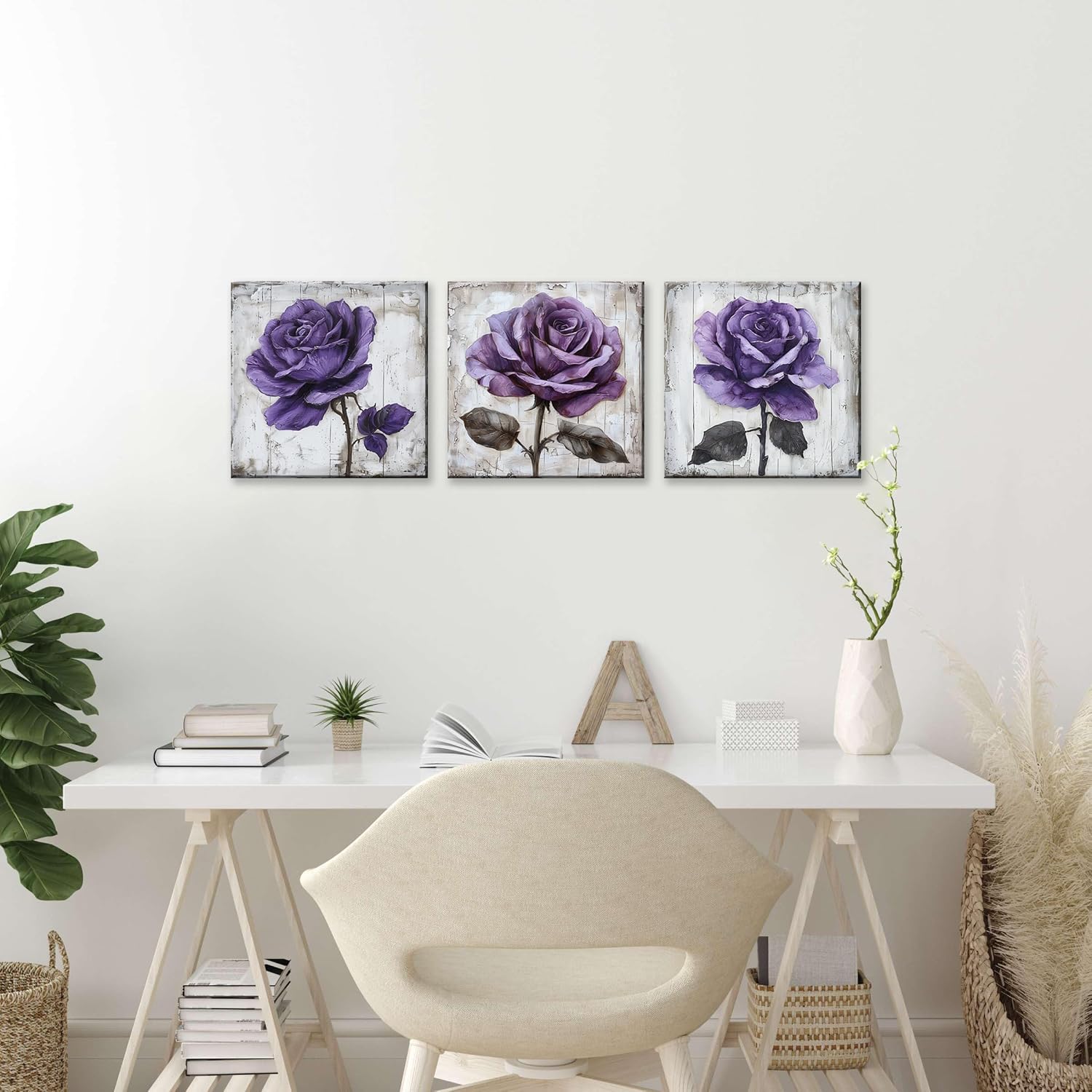 NAN Wind 3Pcs Purple Rose Canvas Prints Wall Art Botanical Floral Art Modern Flower Artwork Ready to Hang Textured Wall Art Print Decorative Wall Hanging for Living Room Bedroom Kitchen