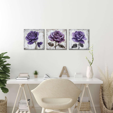 NAN Wind 3Pcs Purple Rose Canvas Prints Wall Art Botanical Floral Art Modern Flower Artwork Ready to Hang Textured Wall Art Print Decorative Wall Hanging for Living Room Bedroom Kitchen