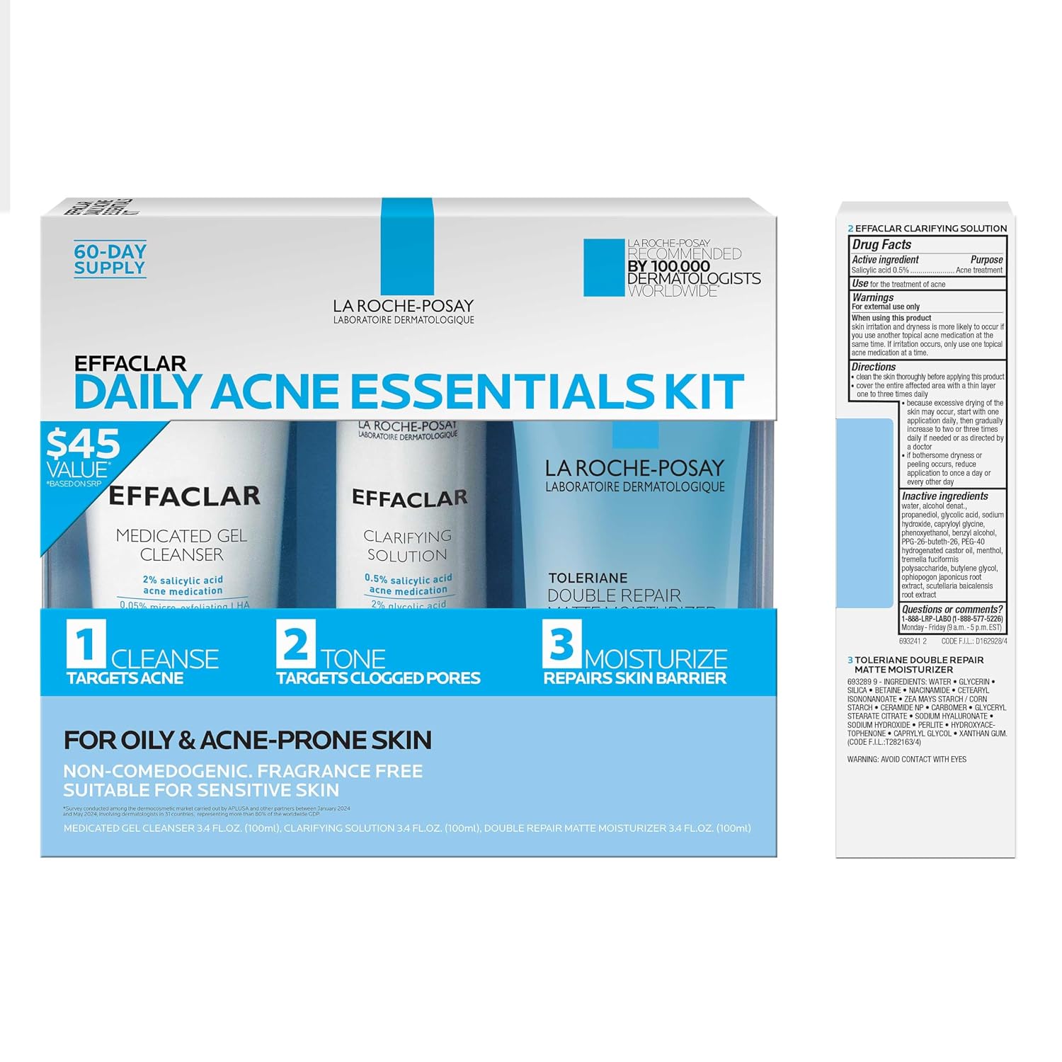 La Roche-Posay Effaclar Daily Acne Kit with Cleanser, Toner & Moisturizer