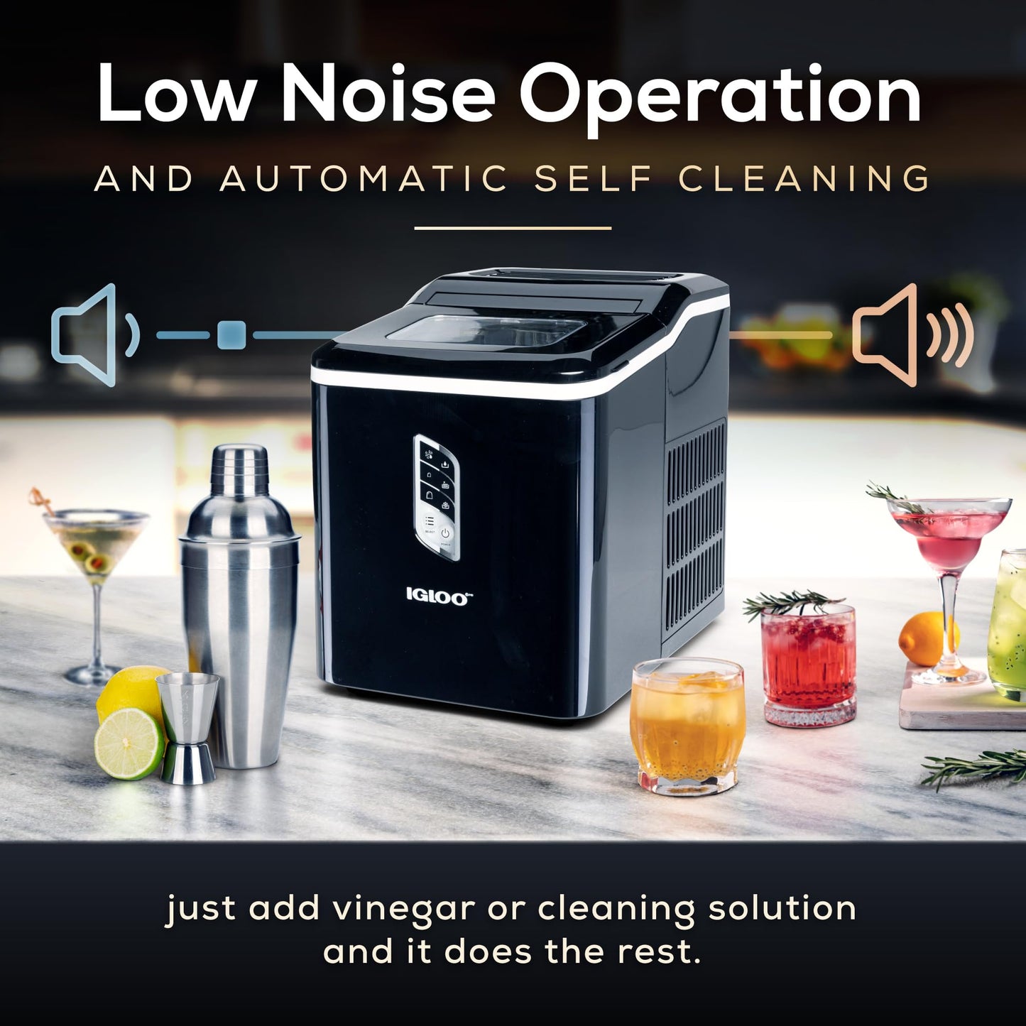 Igloo Automatic Ice Maker, Self- Cleaning, Countertop Size, 26 Pounds in 24 Hours,9 Large or Small Cubes in 7 Minutes,LED Control Panel, Scoop Included, for Water Bottles,Mixed Drinks,Black