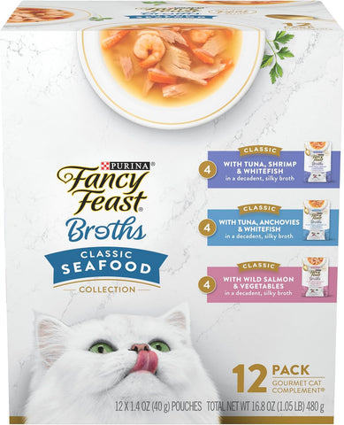 Purina Fancy Feast Broths, Classic Seafood Wet Cat Food, 1.4 oz, 12-Pack