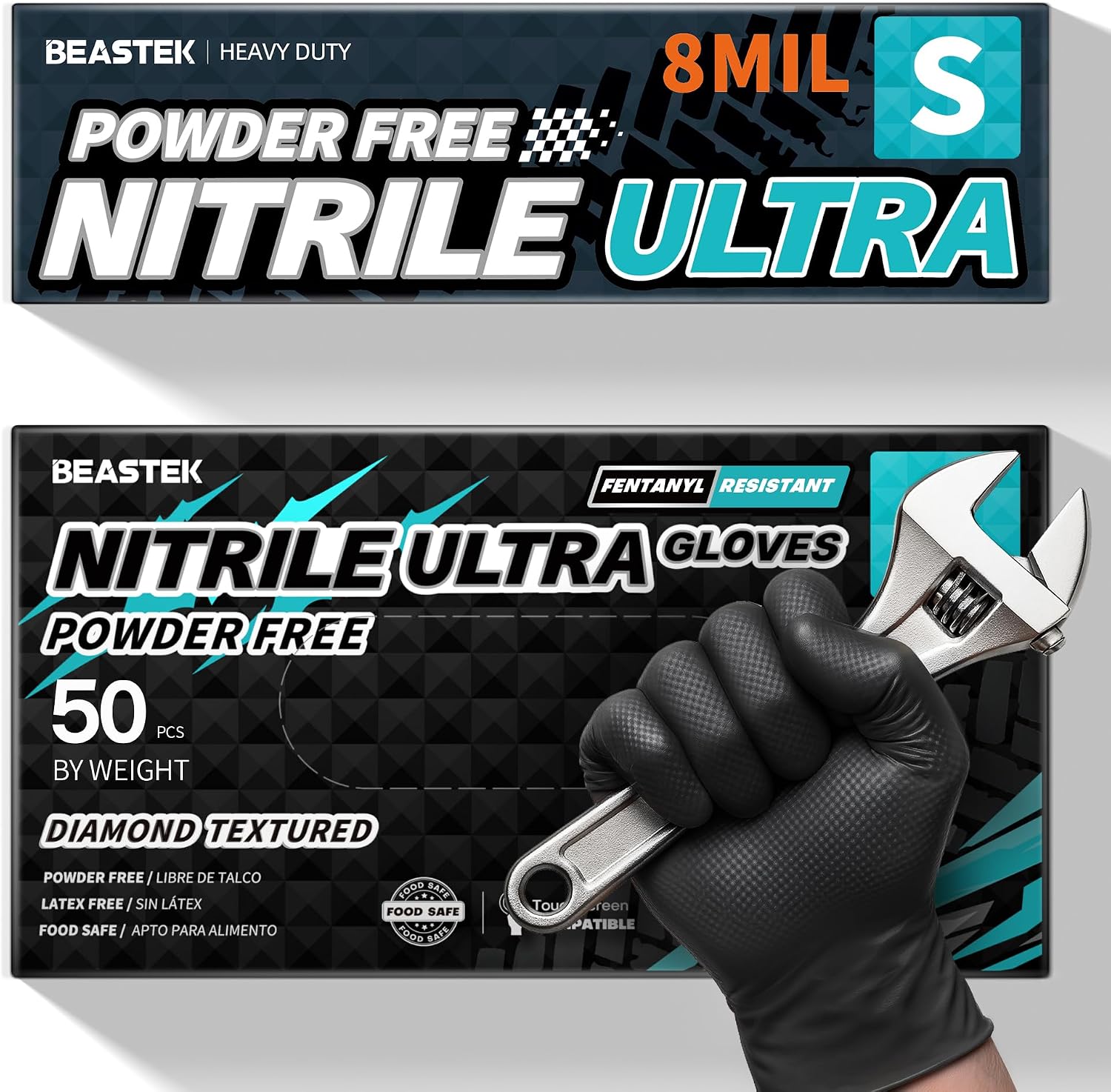 BEASTEK Nitrile Disposable Gloves, 8Mil Latex & Powder Free Chemical Resistant Heavy Duty Food Safe Diamond Glove Black 50Pcs