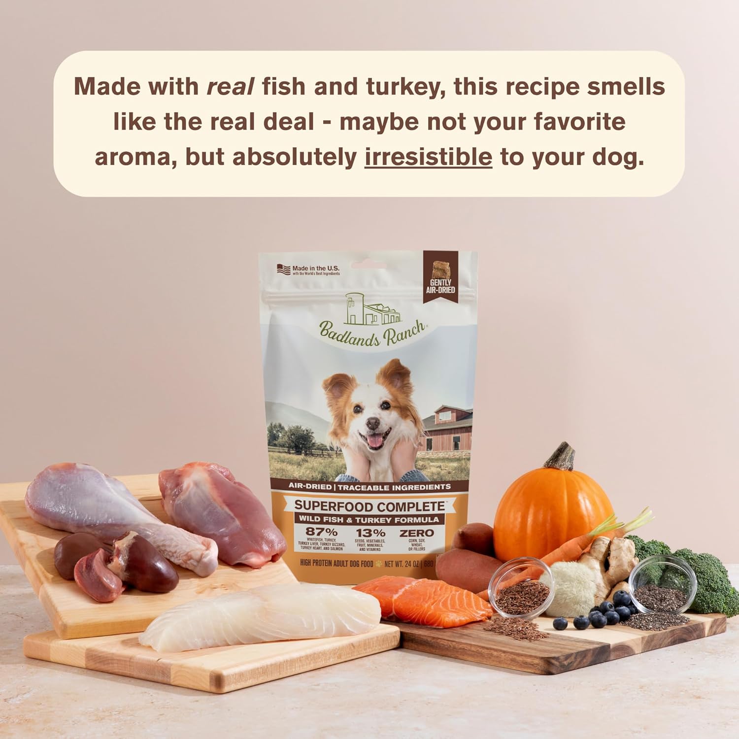 BADLANDS RANCH Air-Dried Fish & Turkey Dog Food, 87% Meat, 24 oz