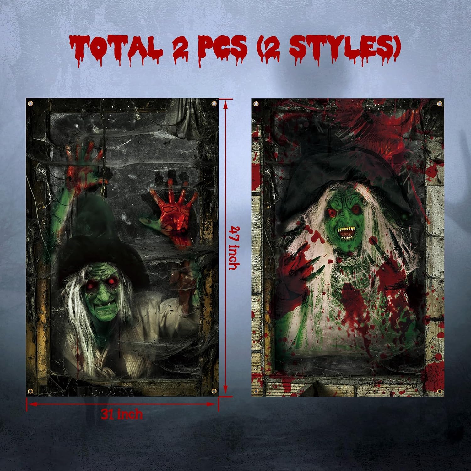 Newwiee 2 Pcs Halloween Window Cover Decor, Green Witch Curtain Outdoor