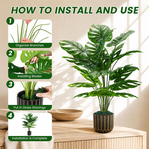 Der Rose 28" Fake Plants, Monstera Plant in Black Gold Pot for Home Decor