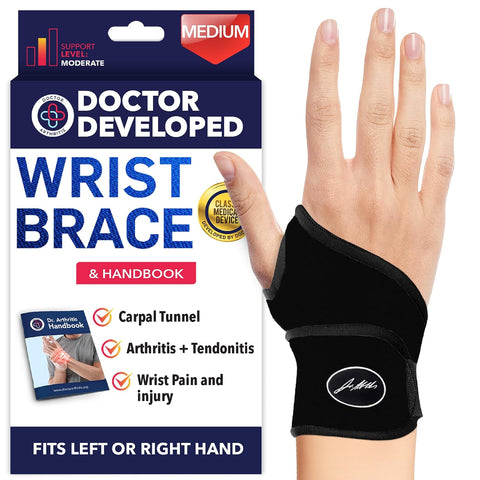 Doctor Developed Wrist Brace, Wrist Wraps for Carpal Tunnel Arthritis, Tendonitis, Hand Support, Ideal for Fitness, Weightlifting - Handbook Included (Wrist Brace 1 Pack)