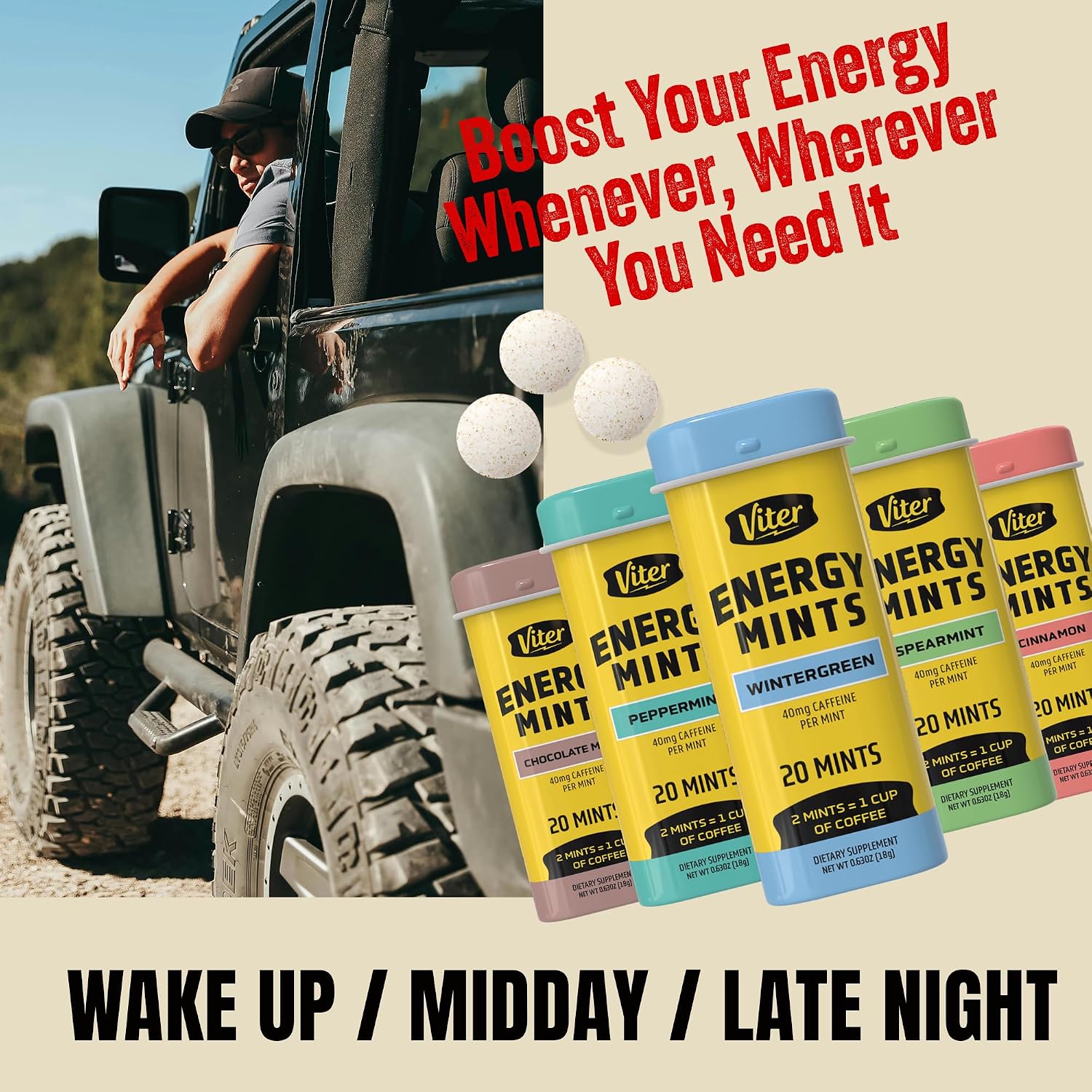 Viter Energy Caffeine Mints 40mg Variety Pack, Sugar Free, 5 Tins, 100ct