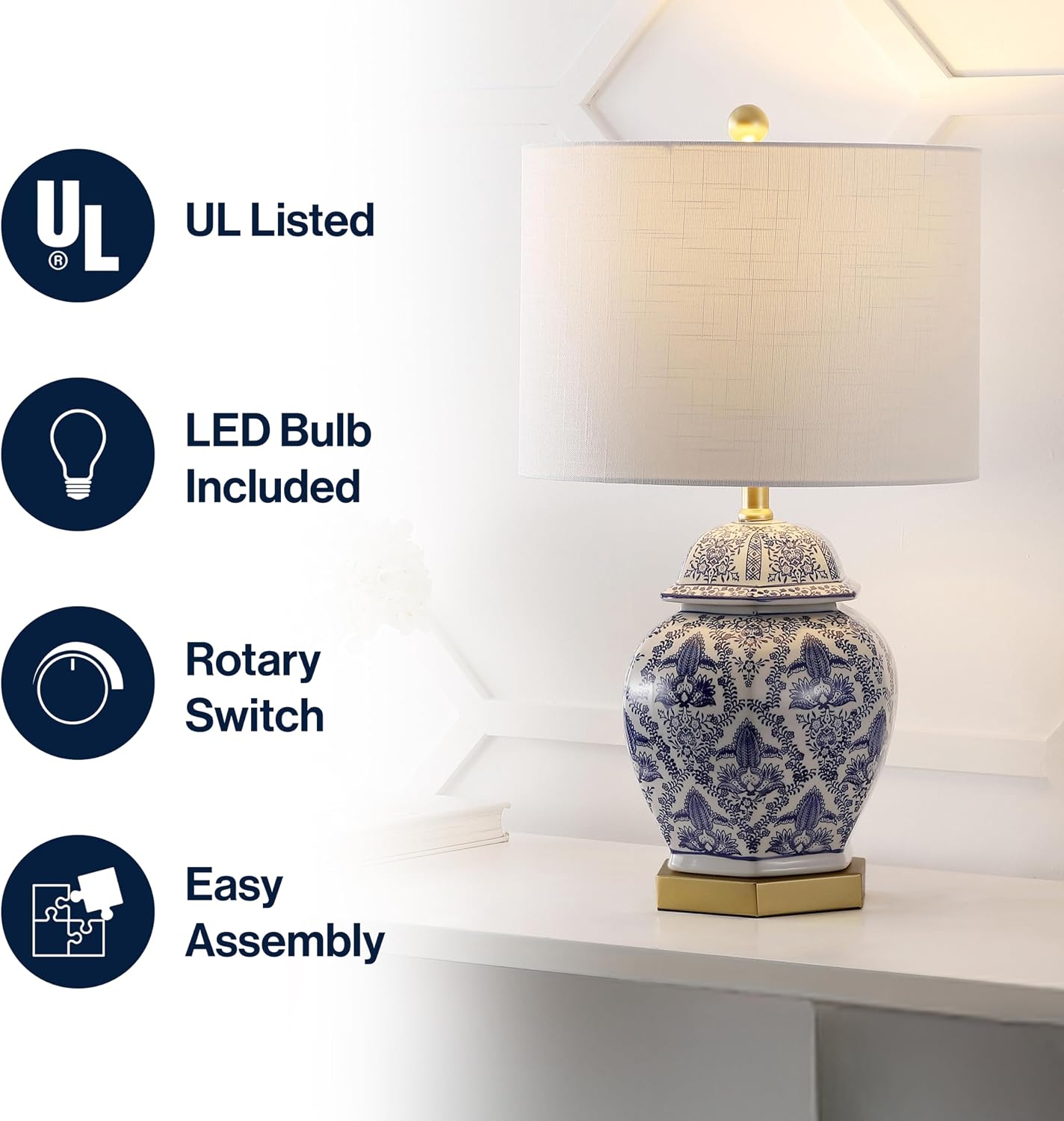 JONATHAN Y Gretchen 25" Ginger Jar Ceramic LED Table Lamp, Blue/White