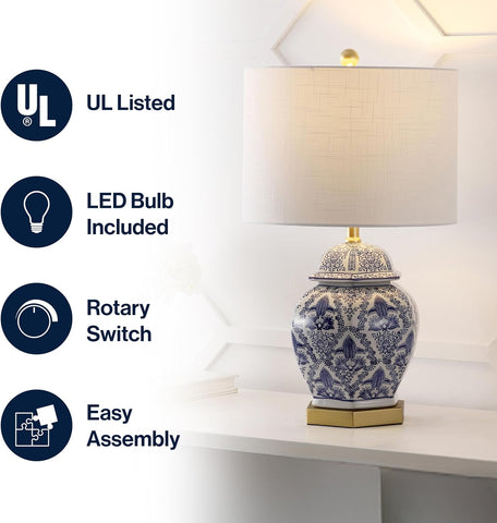 JONATHAN Y Gretchen 25" Ginger Jar Ceramic LED Table Lamp, Blue/White