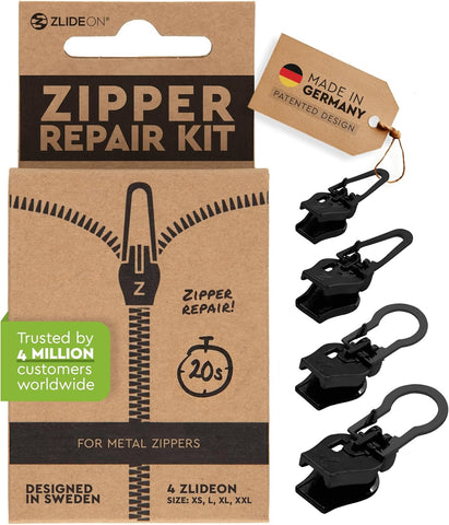 Zlideon Zipper Repair Kit for Metal Zippers Multipack - 4pcs - Black