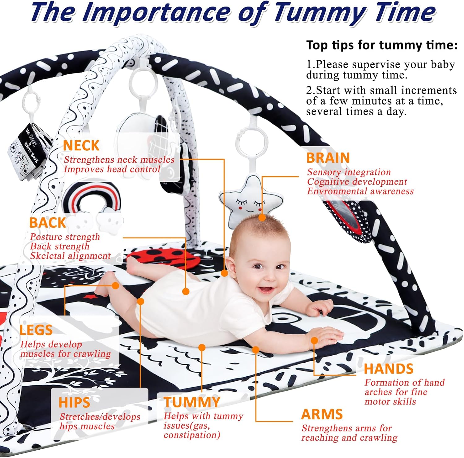 Poycuna Black and White Baby Gym Play Mat with 6 Toys Tummy Time Activity Mat for Babies 0-6 6-12 Months High Contrast Baby Gyms & Playmats Sensory Toys Newborn Brain Development Infant Play Mat