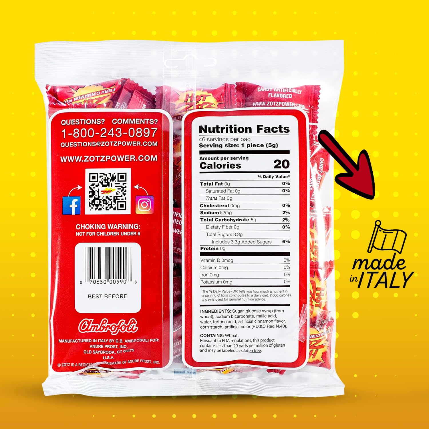 ZOTZ Fizzy Sour Candy Bulk - Retro Italian Hard Candy Individually Wrapped - Classic Nostalgic Fiery Cinnamon Flavor - 46 Pieces Bag for Party Favors, Goodie Bags, Piñata & Candy Buffet