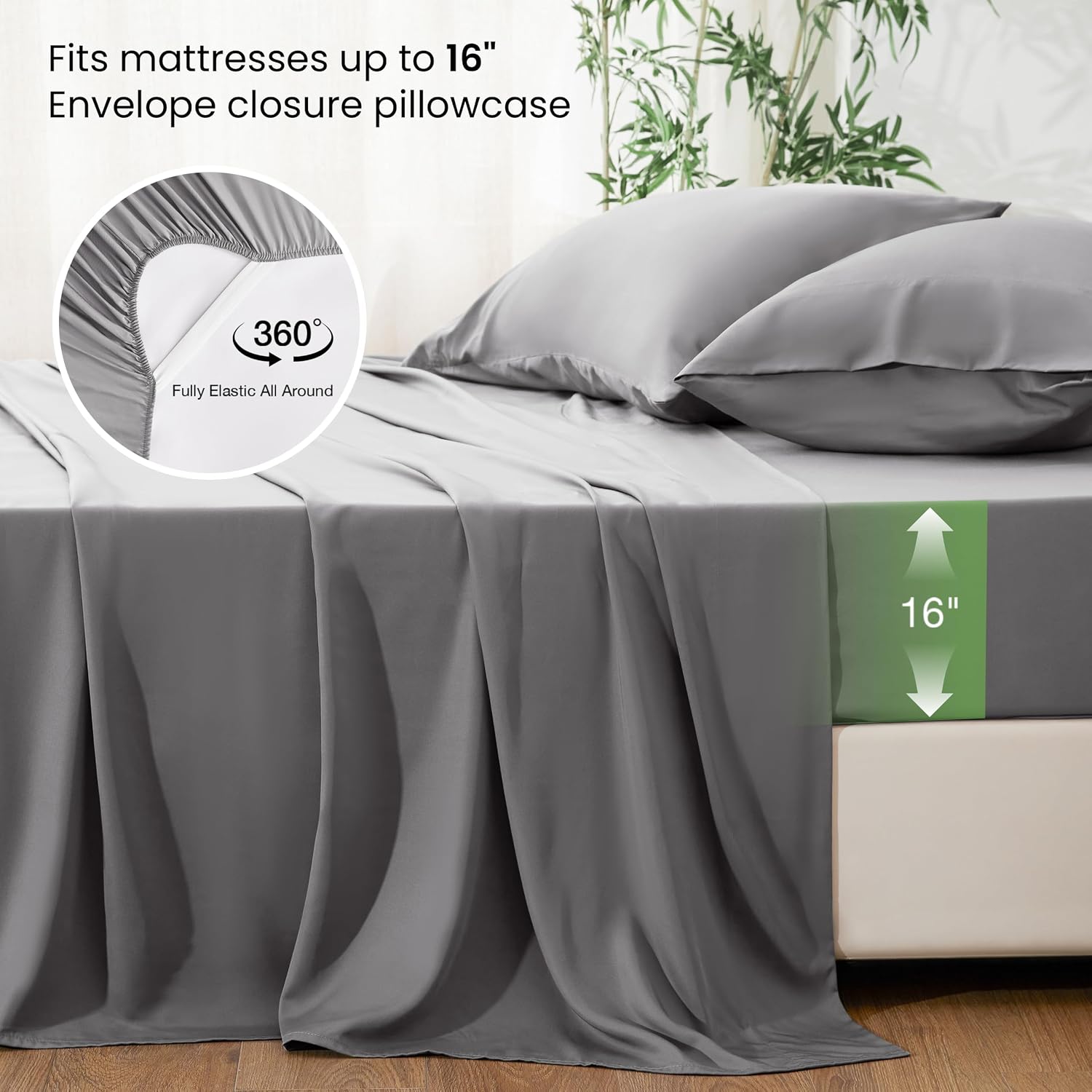 Love's cabin 4 Piece Full Size Sheet Set, 100% Rayon Derived from Bamboo, Cooling & Breathable, Soft Silky Deep Pocket up to 16", Hotel Luxury Bedding for Hot Sleepers, Grey