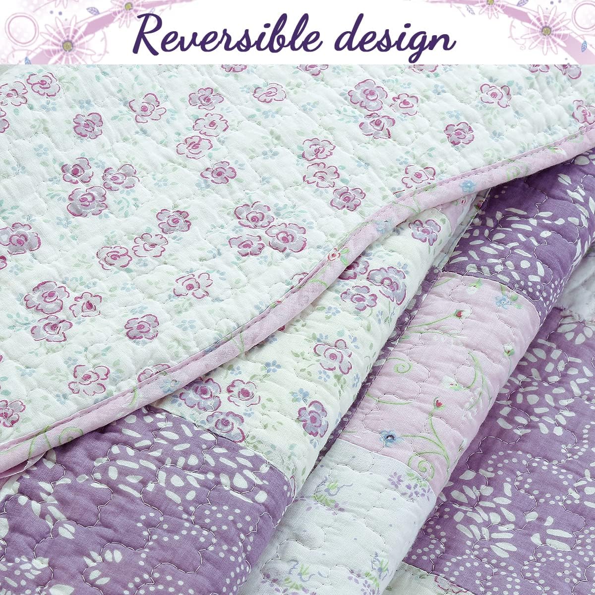 Cozy Line Home Fashions 100% Cotton Hand Piecing Real Patchwork Love of Lilac Bedding Quilt Set, Purple Orchid Lavender Chic Lace Floral Reversible Coverlet, Bedspread (Lilac, Twin - 2 Piece)