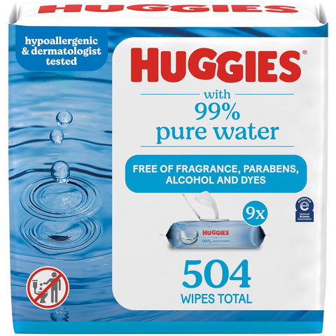 Huggies 99% Pure Water Baby Wipes, Unscented, 9 Packs, 504 Wipes