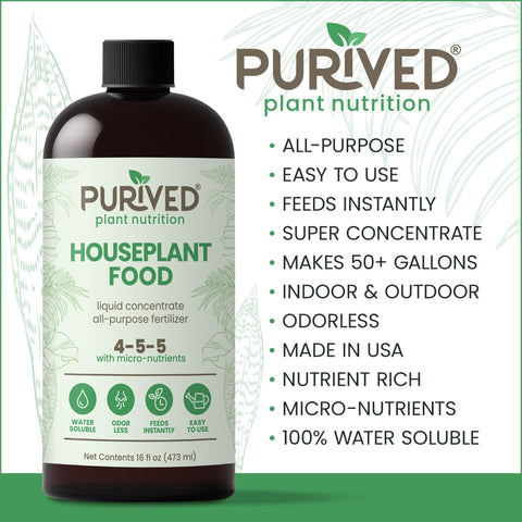 Purived 16oz All-Purpose Liquid Plant Fertilizer - Makes 50 Gallons, for Indoor Houseplants, All-Natural, Groundwater Safe, Made in USA