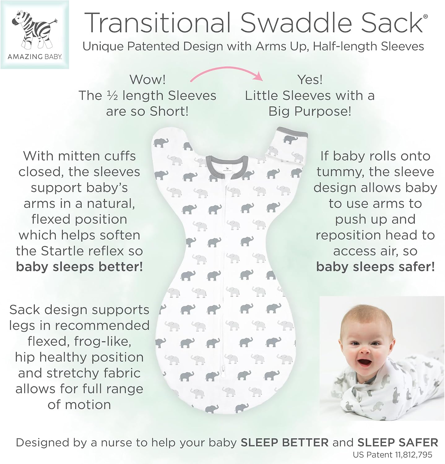 Amazing Baby Transitional Swaddle Sack, Cotton, Tiny Bows Pink, 6-9mo