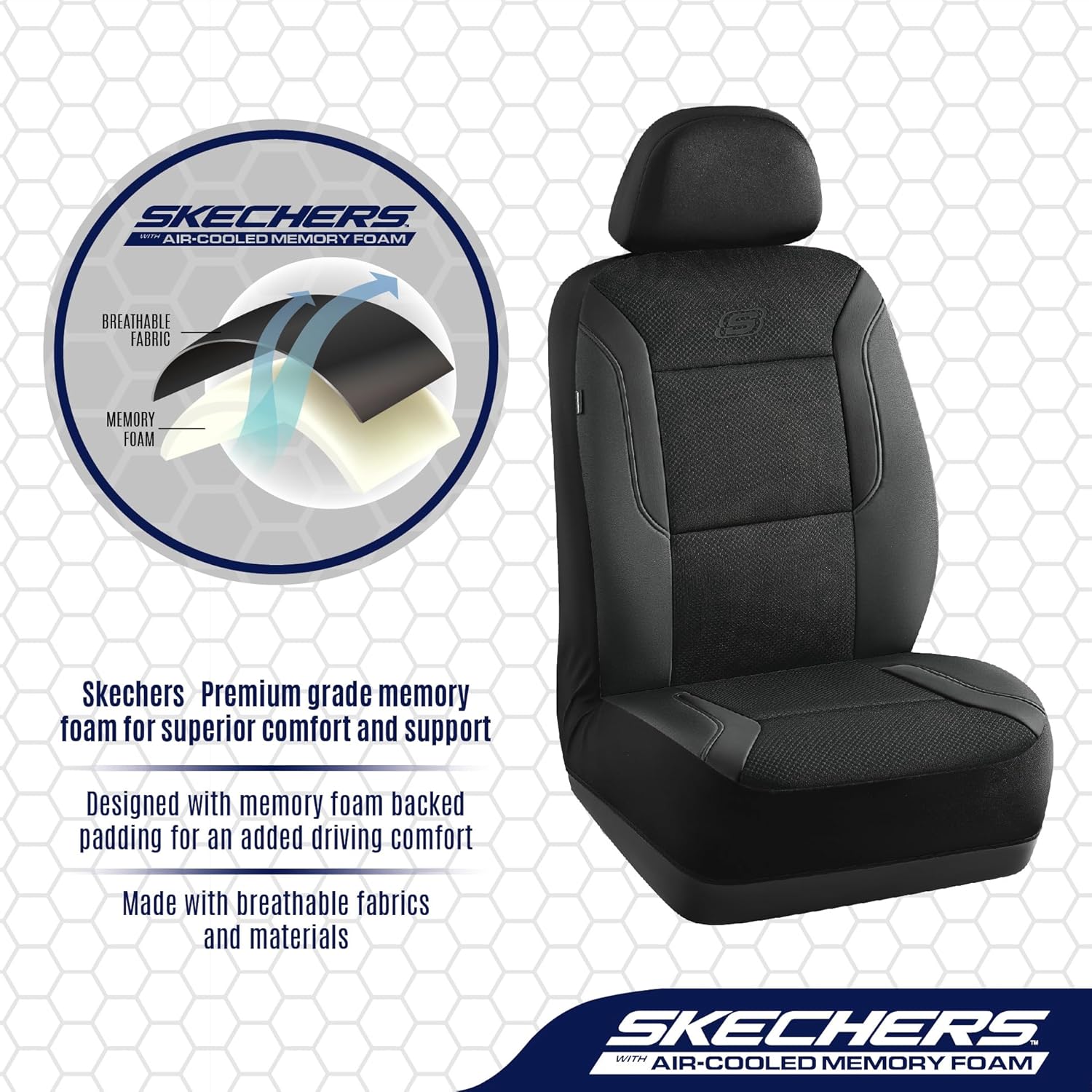 Skechers Memory Foam Car Seat Covers, Air Cool Mesh Thick Seat Covers, Airbag Compatible Car Seat Cover, Automotive Comfort Protection for Most Cars,Vans,Trucks, SUVs,Black
