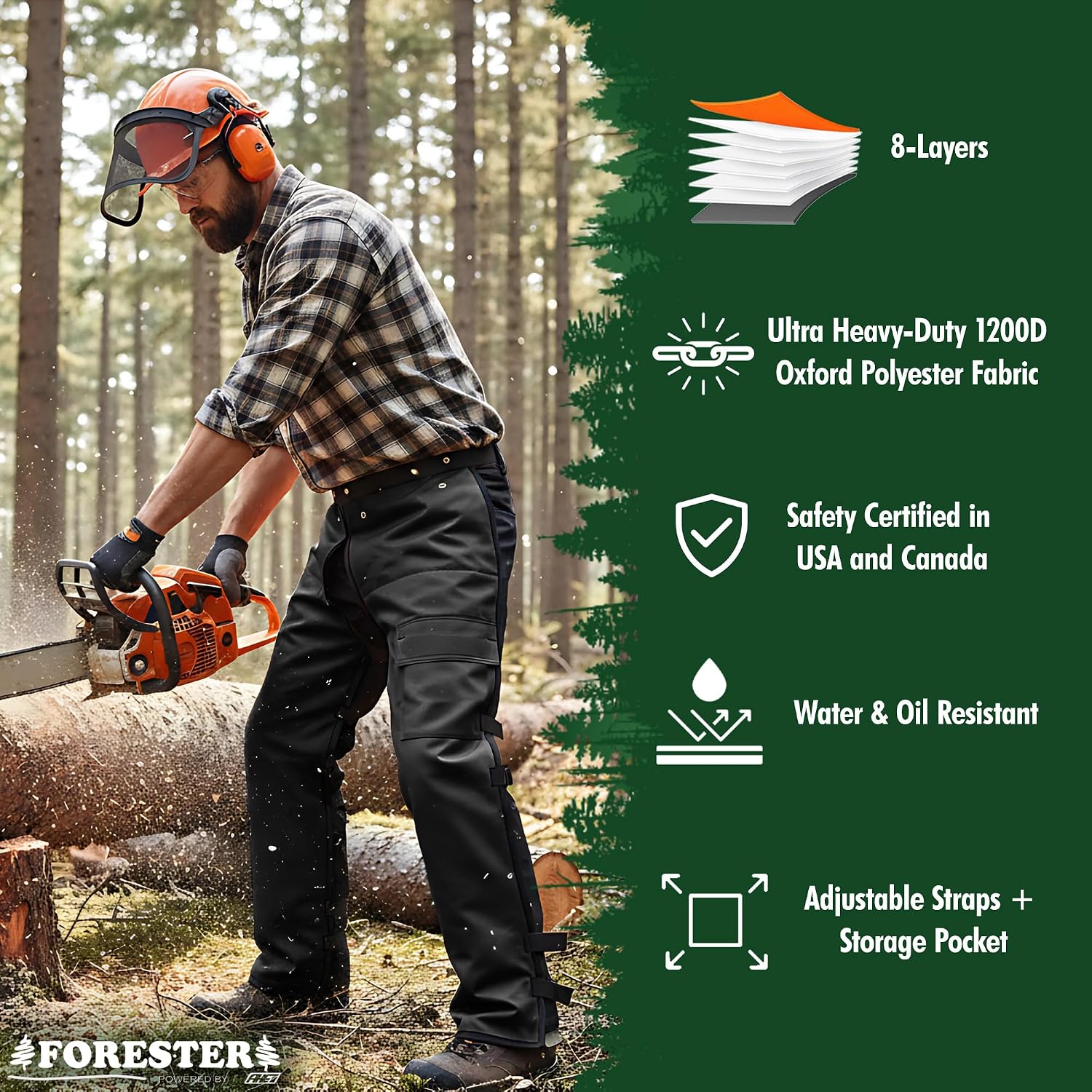 FORESTER Chainsaw Chaps for Men & Women | Apron-Style Chaps with Pocket & Adjustable Waist | Chainsaw Safety Equipment