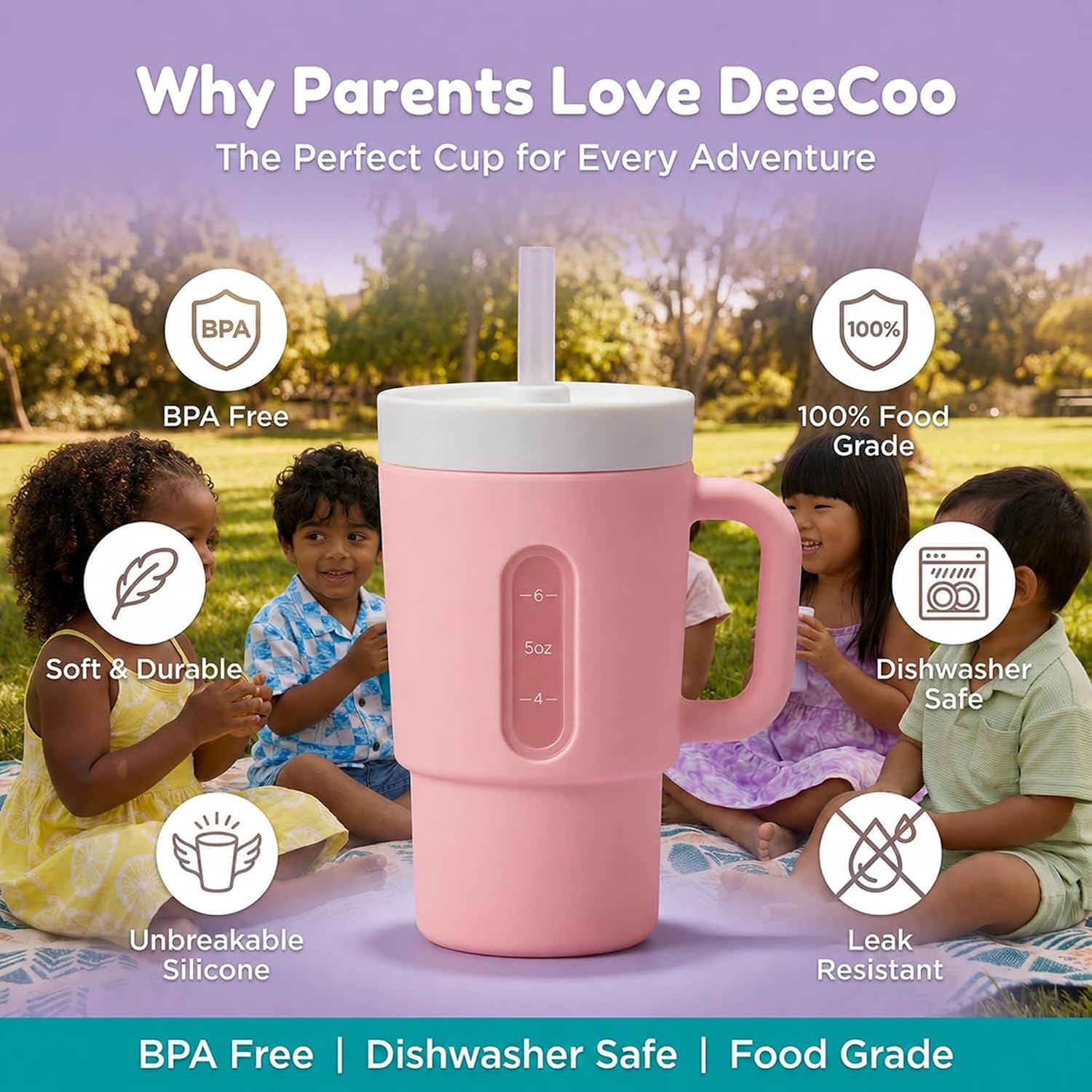 DeeCoo Silicone Sippy Cups for Toddlers 1-5 – 7oz Spill-Proof Straw Cup with Handle, BPA-Free Leak-Proof Tumbler, My First Drinking Cup for Baby, Ideal Birthday Gift for 1 Year Old Girls, 2-Pack