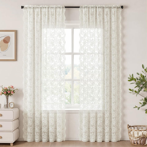 2 Panels Vintage Lace Curtains 90 Inches Long 52 x 90 Inch Ivory