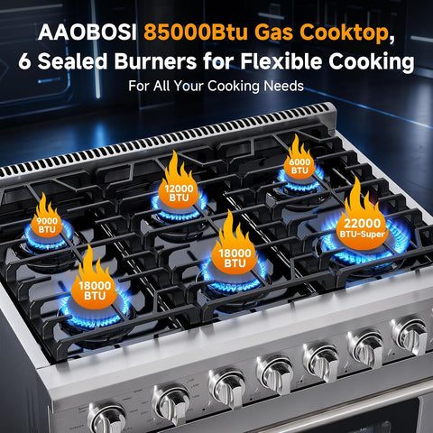AAOBOSI 36 Inch Gas Range, 6.2 Cu. Ft. 8.5k BTU Knob Convection Oven