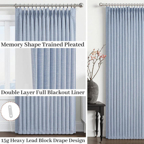 Custom Pale Blue 102 Inch Blackout Curtains for Office 2 Panels Set, Memory Shape Pinch Pleated Thermal Sound Dampening Two Layer Linen Light-Blue Energy Efficient Large Windows Drapes 8-1/2 FT Length