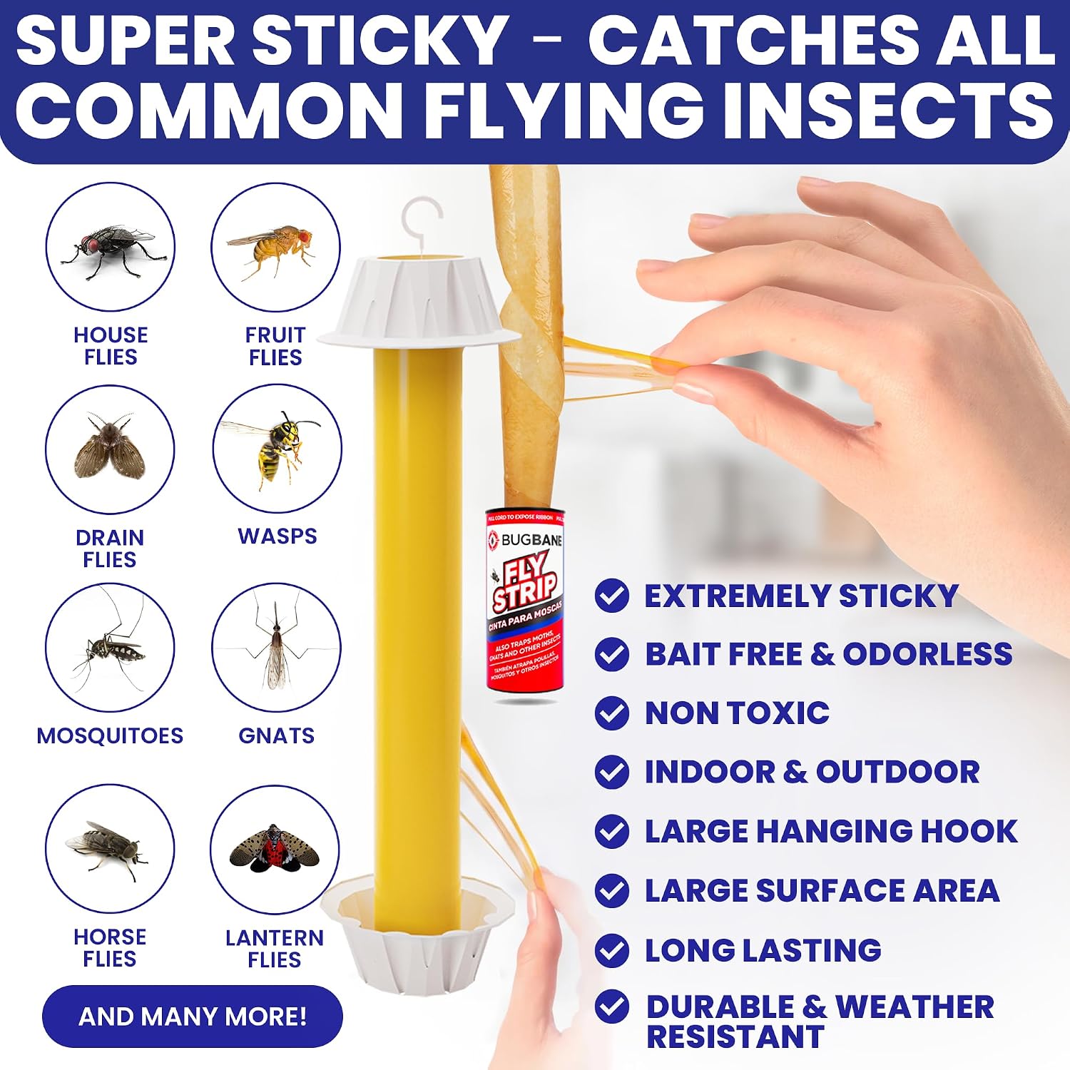Fly Stick Sticky Fly Traps for Indoors Outdoor 4pk with 12 Ribbons. Non-Toxic Super Sticky Hanging Flies Catcher Paper Tape Strips for Home. Catches all bugs and gnats. Indoor House Flying Insect Trap
