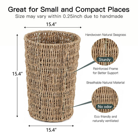 Coeusy Wicker Trash Can,Seagrass Waste Basket for Bathroom,Bedroom,2 Gallon