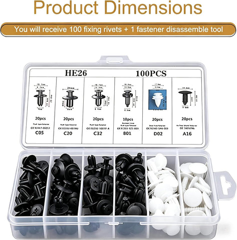 100 PCS Bumper Push Fasteners Rivet Clip Kit, ABS Retainer Expansion Screws with Removal Tool, 6 Popular Sizes Fenders/Body Fixing Clips, Universal for Most Cars, Trucks, SUVs (White)