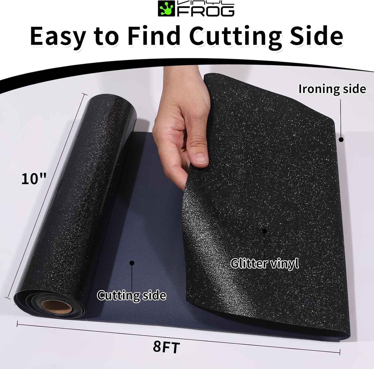 VINYL FROG Black Glitter HTV Vinyl Roll 10'' x 8ft Black Glitter Iron on Vinyl for All Cutting Machine Sparkly Heat Transfer Vinyl for T-Shirts & DIY Craft Gifts, Easy to Cut, Weed & Transfer