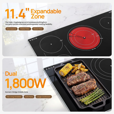 VIKIO HOME 36" Electric Cooktop with Bridge Zone, 10200W 220-240V Hardwired