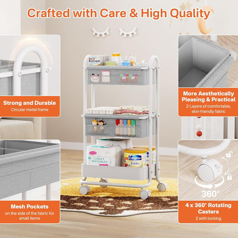 Modanais Baby Diaper Caddy Organizer Cart - 3 Tier Rolling Cart, Light Gray