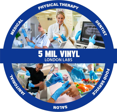 London Labs Synthetic Vinyl Exam Gloves Powder-Free, Latex-Free, Disposable, Ultra-strong, Food Safe, Healthcare, Cleaning