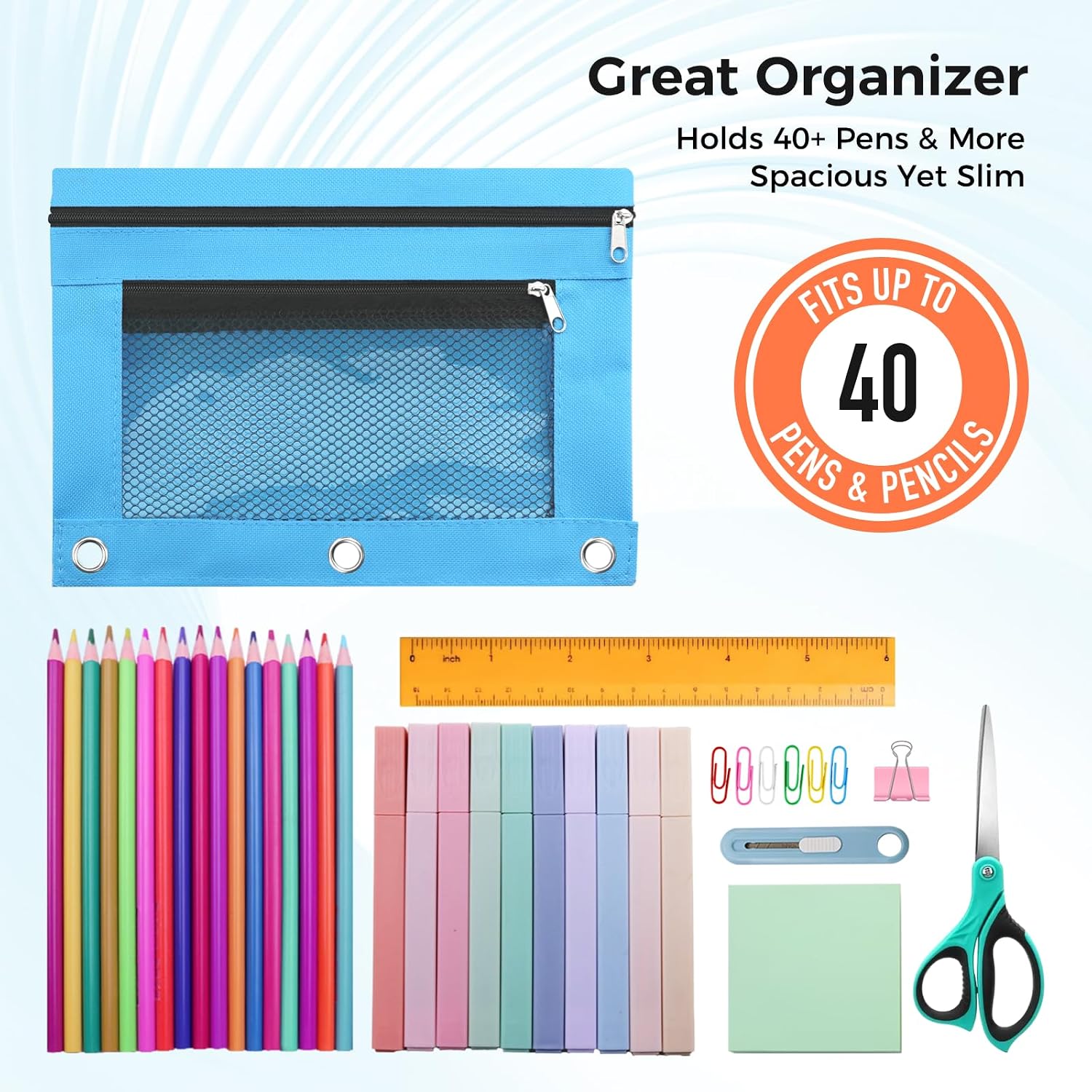 Pencil Pouch for 3 Ring Binder - 3 Hole Zipper Pen Case Bag Holder Bulk Accessories Clear Window Aesthetic Organizer Pockets (Azure)
