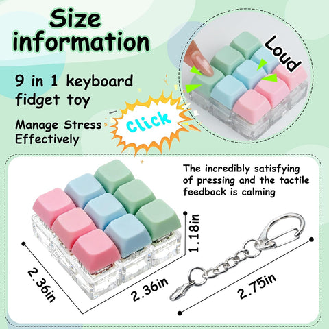 Keyboard Fidget Toy, Keyboard Fidget Keychain 9-in-1 Keyboard Decompression Button Finger Clicker Toys Stress Relief Fidget Gifts (3 Colors- Pink Blue Green)