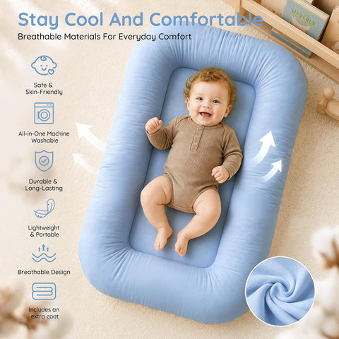 Infant Support Cushion & Baby Support Cushion for Newborn 0-24 Months, Breathable Cotton Pad, Supervised Use, Portable Infant Essentials for Travel and Home, Blue (Cover Included）