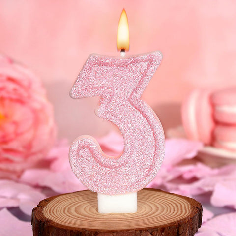 Cute Number 3 Birthday Candle, Glitter Pink Number Candles, Birthday Cake Topper Decoration, Party Supplies Anniversary Celebrations