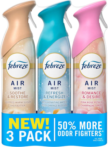 Febreze Air Mist, Air Freshener, Odor Fighting Room Spray, Deodorizer for Home Bathroom Kitchen Office Apartment, Soothe & Restore, Refresh & Energize, Romance & Desire Variety Pack, 8.1oz (Pack of 3)