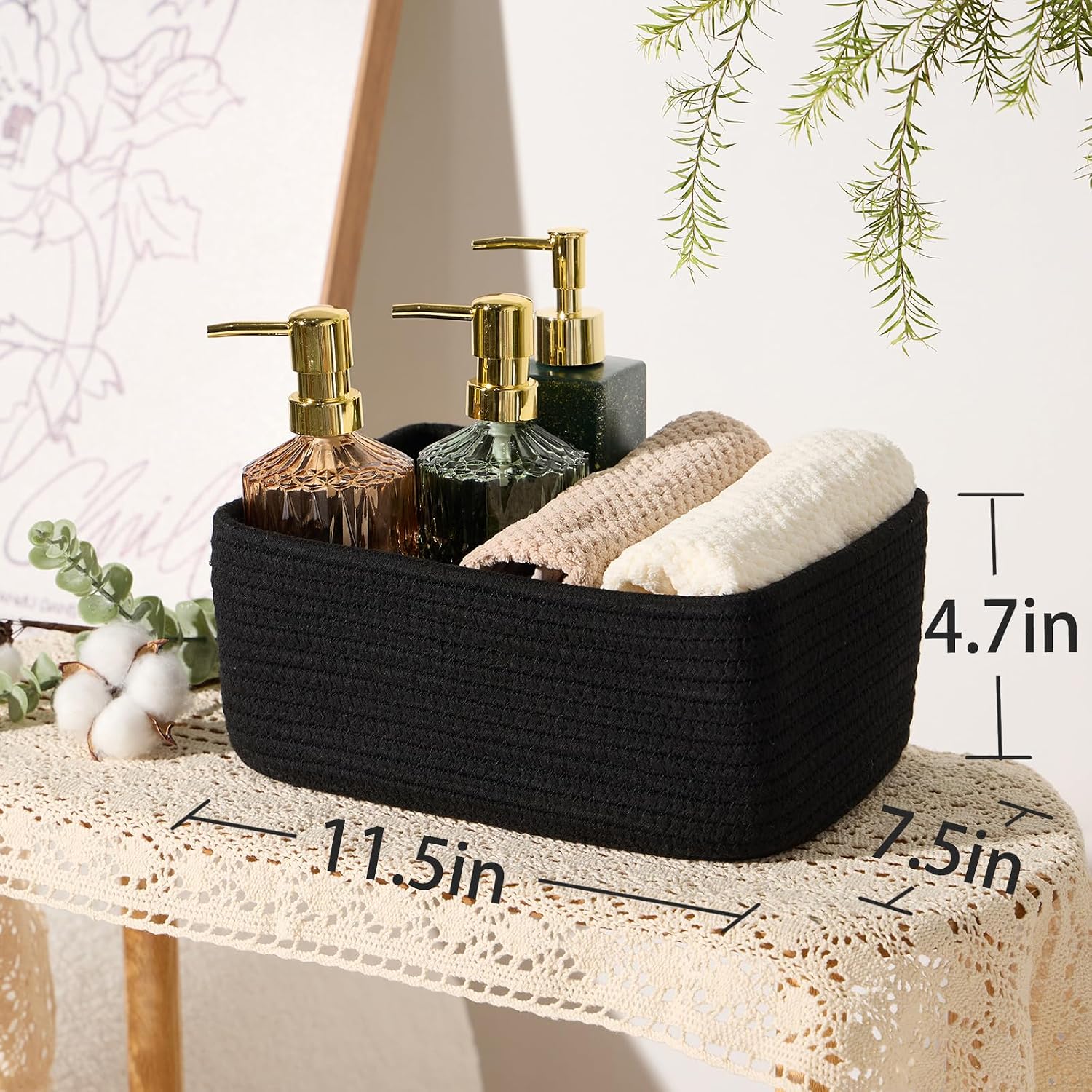 MiniArk Small Storage Baskets for Organizing | Closet Organizer Bins | Shelf Toy Basket | Woven Rope Baskets | Cube Decorative Box | Shallow Basket | 11.5x7.5x4.7” | 3 Packs Black