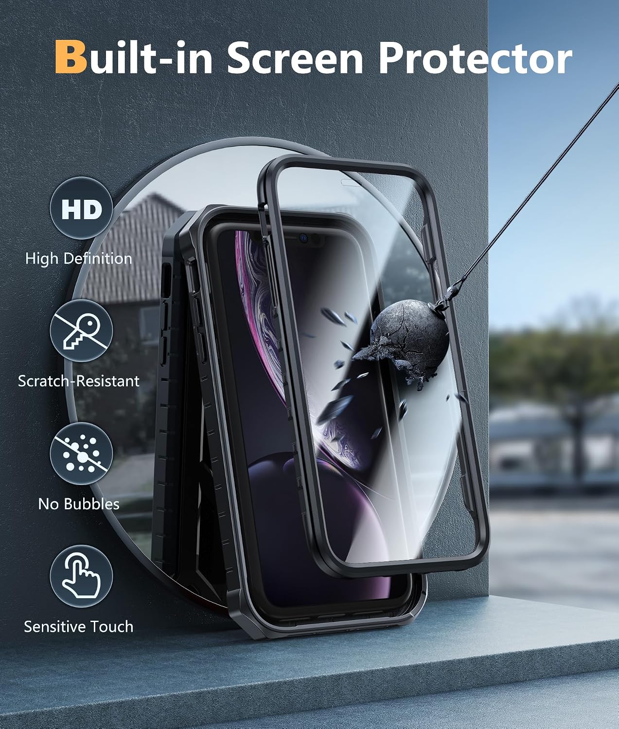 FNTCASE for iPhone XR Case, with Built-in Screen Protector, Kickstand Black