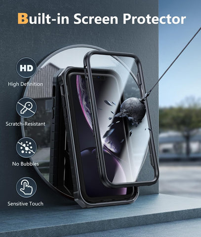 FNTCASE for iPhone XR Case, with Built-in Screen Protector, Kickstand Black